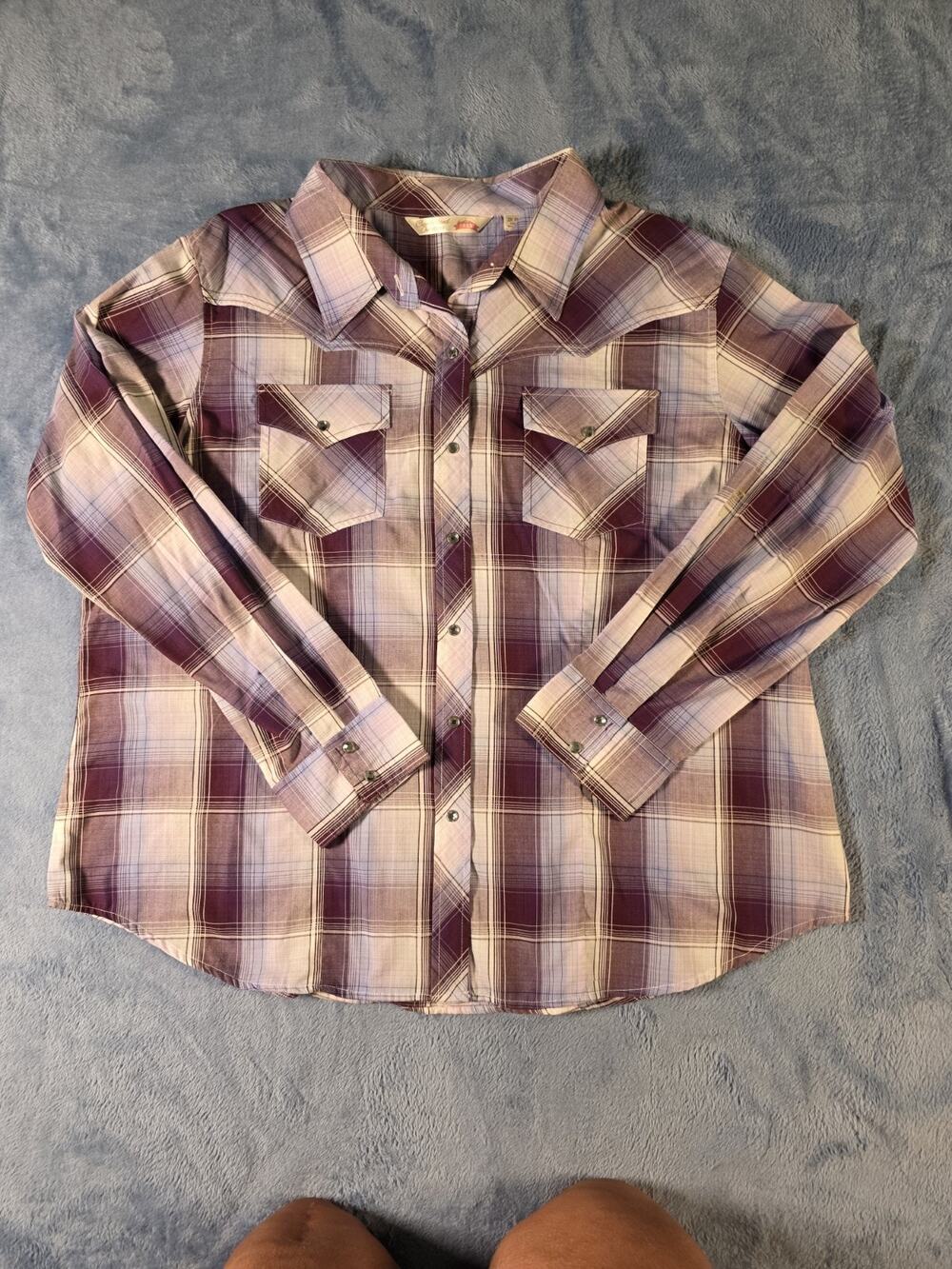 Cumberland Outfitters Womens 2X Plus Plaid Western Pearl Snap Long-sleeved Shirt